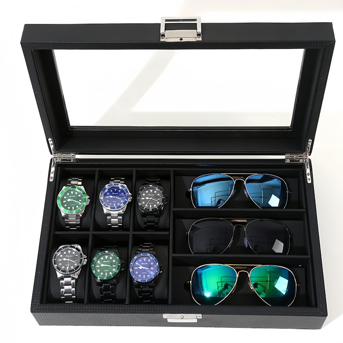Decopatent - Luxe PU Horloge Doos en Zonnenbrillen Doos in 1 - Horlogebox - Zonnenbrillen box - Geschikt voor Heren en Dames - Horloge - Zonnebrillen Opbergdoos - 6 Horloge Vakken 3 Zonnenbrillen Vakken - Zwart met Zwarte Inleg