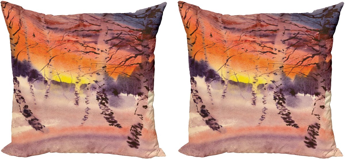 ABAKUHAUS Decoratieve kussenhoes met bosmotief, 2 stuks, zonsondergang in een berkenbos, 40x40 cm, grijs oranje