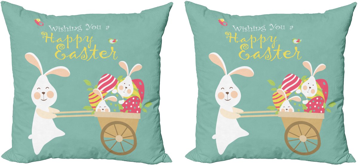 ABAKUHAUS Decoratieve kussenhoezen voor Pas set van 2, Lachende Konijntjes en Eier 40x40 cm, Amandelgroen