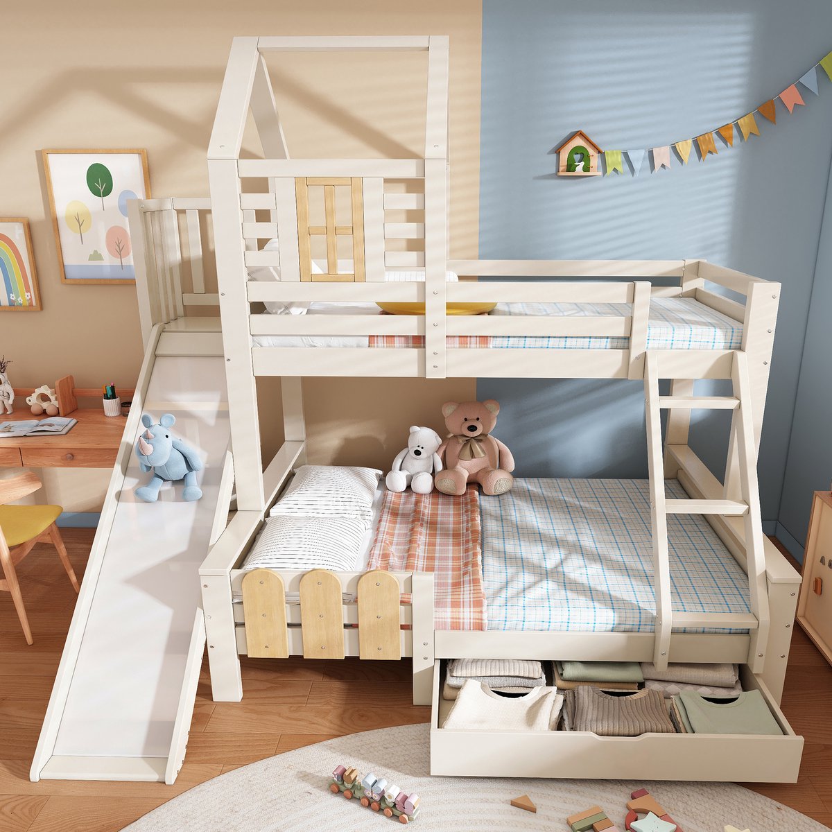 Wishdor Stapelbed met Glijbaan - 90 x 200 cm (boven) en 140 x 200 cm (onder) - Inclusief Trap en Opberglade - Metaal en Hout Wit/Naturel - Speels Hutontwerp met Raam - Veilig en Gecertificeerd (EN 747-1:2024) - Voor Kinderkamer
