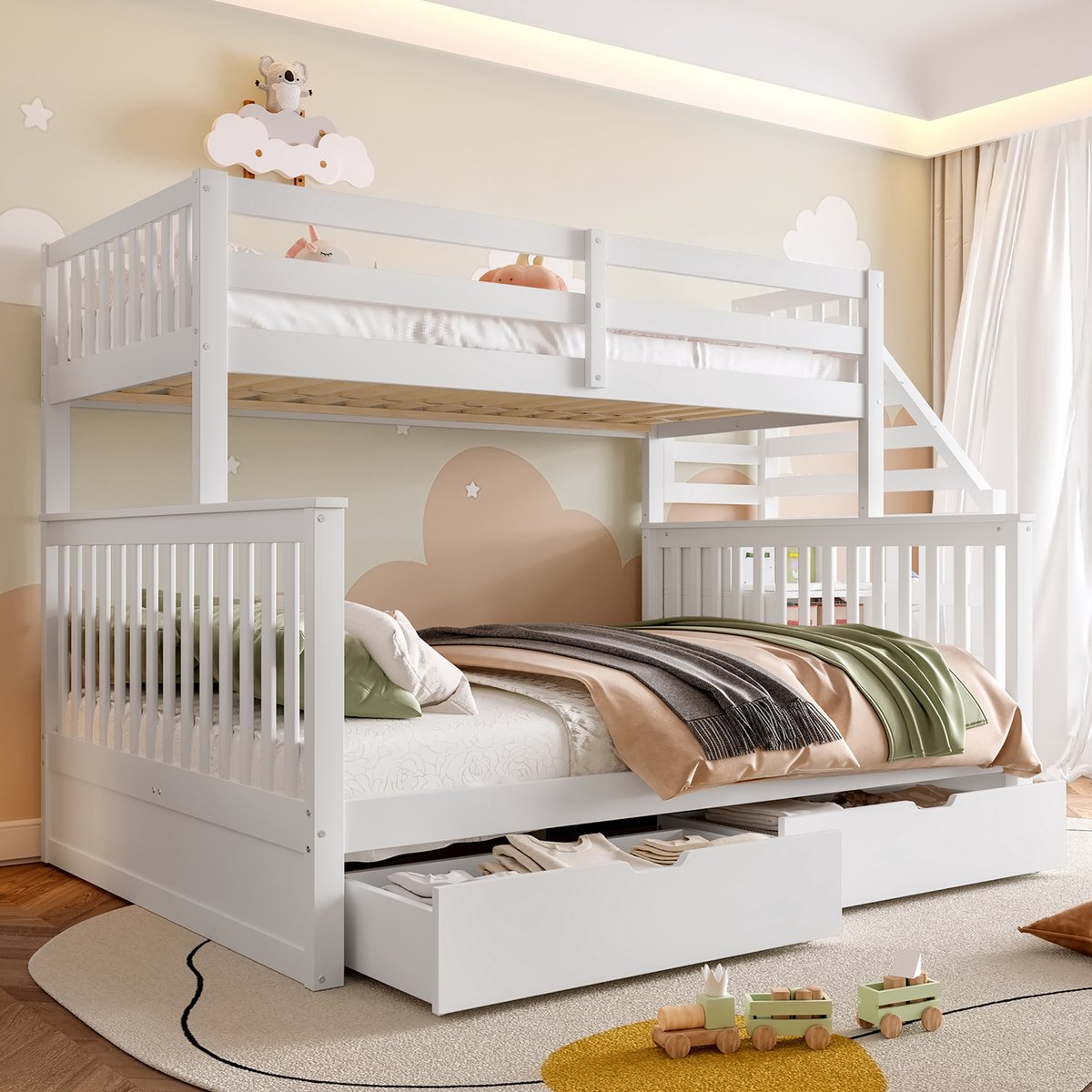 Wishdor Stapelbed - 90 x 200 cm (boven) en 140 x 200 cm (onder) - Met Opberglades en Zijladder - Massief Grenenhout Wit - Ruimtebesparend voor Kinderkamer - Veiligheidsrand Bovenbed - Stevig tot 120 kg