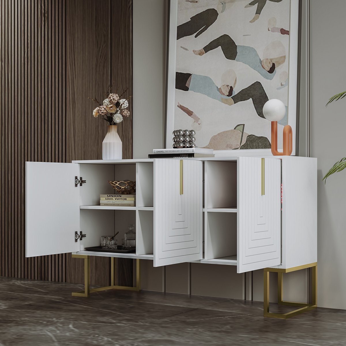 FloraGrace Dressoir - 3 Deurs Met Verstelbare Planken - Opbergkast Voor Woonkamer Keuken En Eetkamer - MDF - Wit - Met Metalen Basis