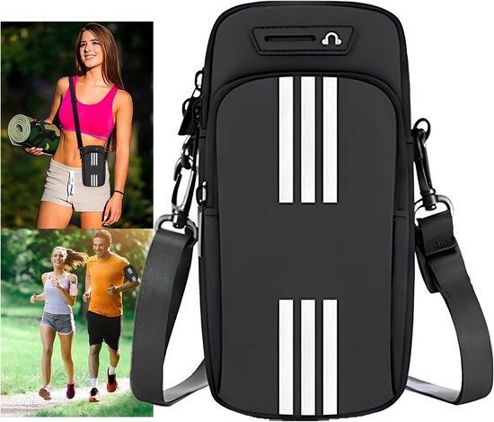 Zwarte sportarmband met witte strepen, gedragen door een vrouw in sportkleding.