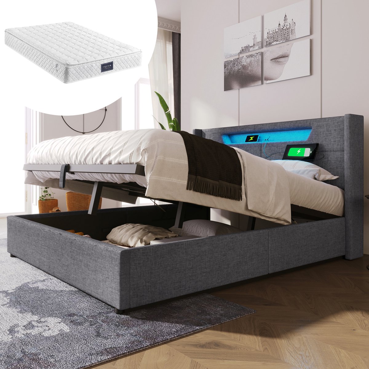 Wishdor Gestoffeerd Tweepersoonsbed 160x200 cm – V-vormig Hoofdbord – LED en USB/Type-C – Gasveer Opbergruimte – Inclusief Matras – Linnen – Grijs