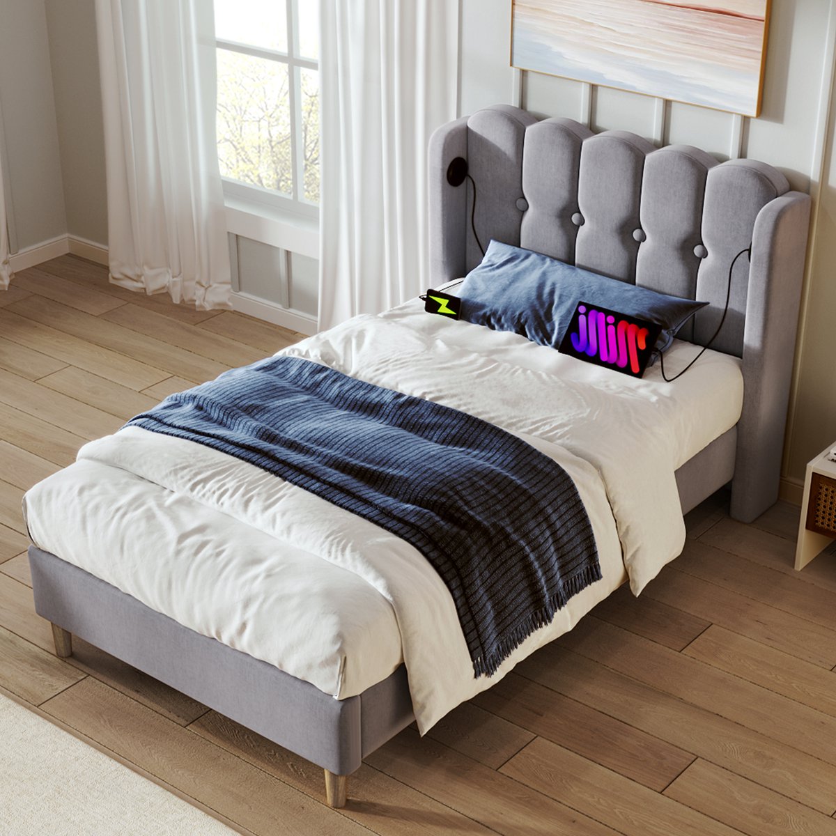 MODFU Bedframe 90x200 cm – Linnen met wingback hoofdbord & USB/Type-C – Grijs