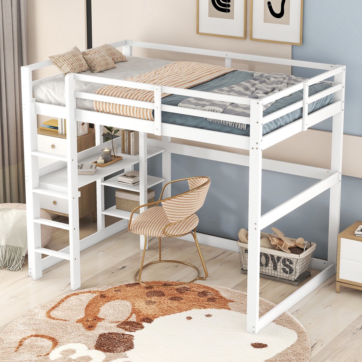 MODFU Hoogslaper 140x200 cm – Met Bureau & 4 Opbergvakken – Antique White – Massief Grenenhout & MDF – Tijdloos Design – Inclusief 15 Latten Lattenbodem – Max. 120 kg – Perfect voor Tienerkamer of Studenteenkamer Antiek wit