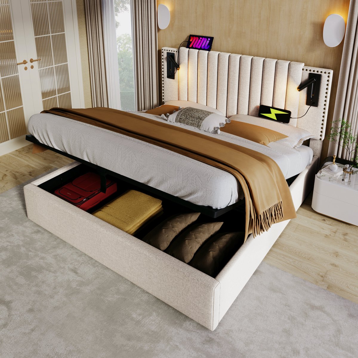 Wishdor Opbergbed 180x200 cm – Verstelbaar Hoofdbord & Leeslamp – USB/Type-C & Hydraulisch
