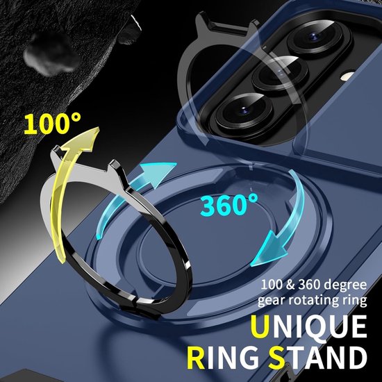 Donkerblauw telefoonhoesje met een zilveren ringstandaard die 100 en 360 graden kan draaien.
