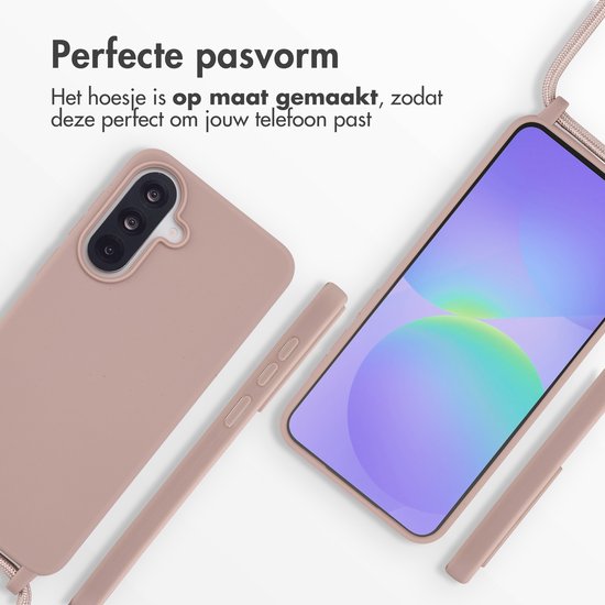 Roze siliconen telefoonhoesje met koord, naast een telefoon met roze hoesje.