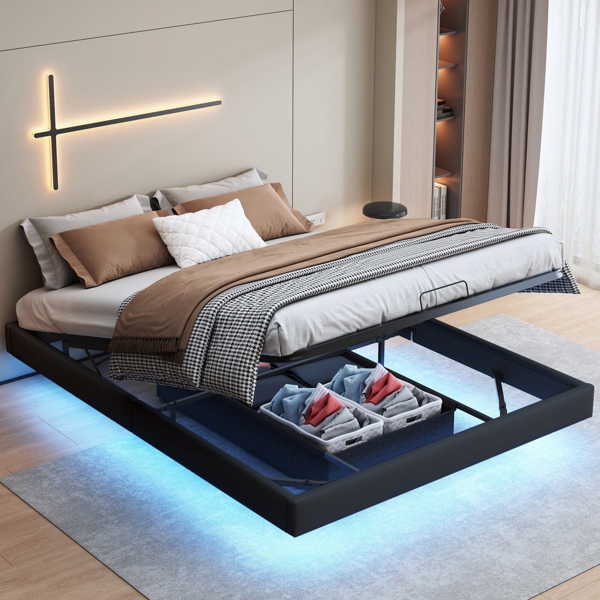 Upholstered Bed – Gestoffeerd Bed – Tweepersoonsbed – Bedframe – Slaapbank – Zwevend Design – Opbergruimte Onder Bed – 160x200 cm – PU Materiaal Beige