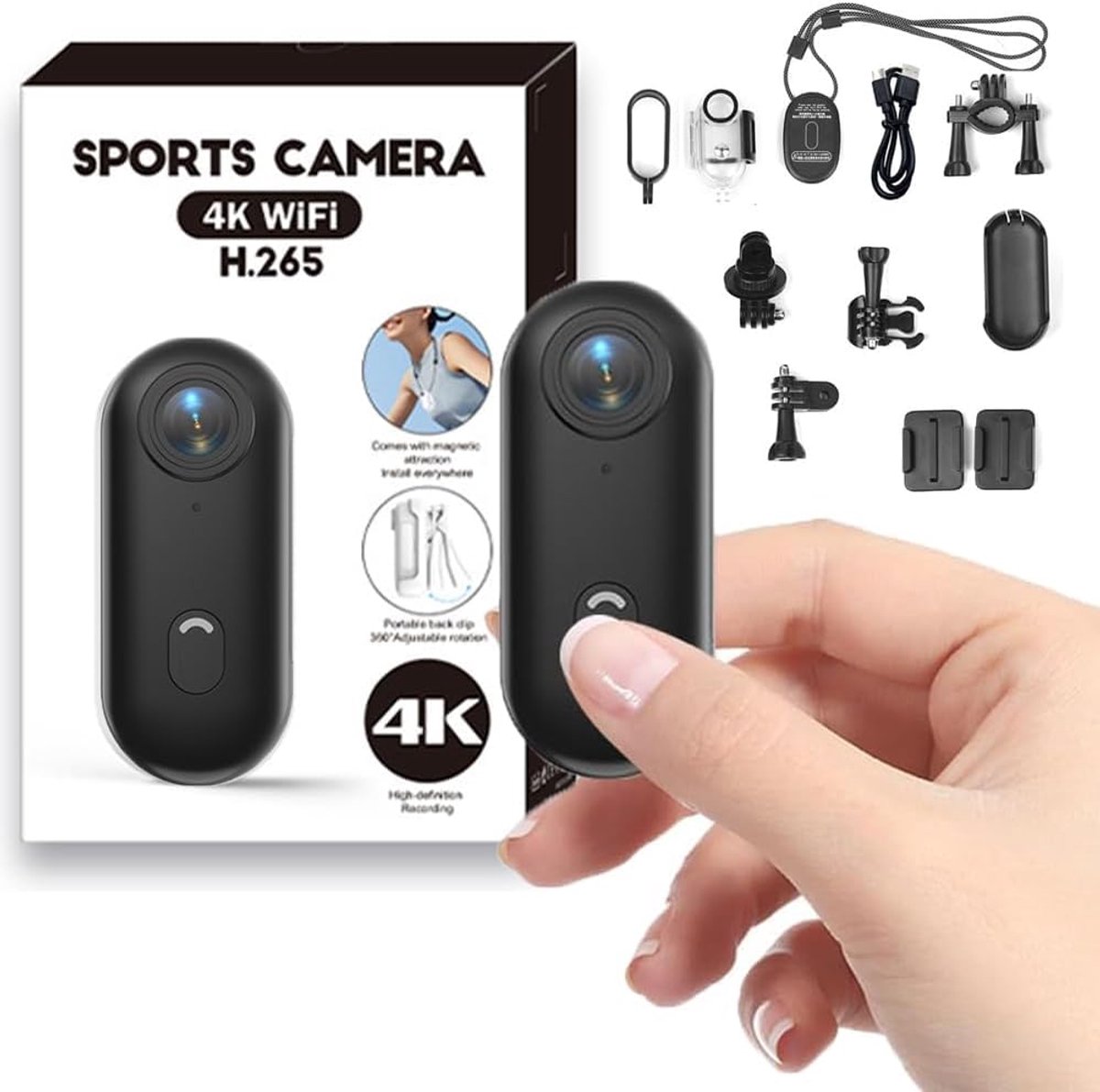 Mini-Sportcamera 4K Mini-Duimactiecamera, Draagbare Vlogcamera, Waterdichte Draagbare Lichaamscamera 4K Met 360° Rotatieclip, Magnetische Handsfree POV-Camcorder Voor Fietsen, Motorrijden, Wandelen Met Huisdieren