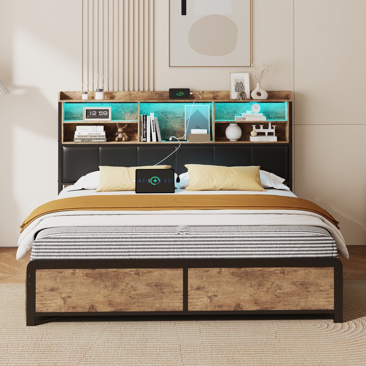 Solvenrik Industrieel Opbergbed 160x200 met LED & USB – Bed met 4 Lades en Hoofdbord met Opbergruimte Zwart