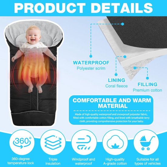 Kinderwagen Voetenzak - Winterdeken Kinderwagen - Baby Warm Houden - Waterdicht Winddicht - 97 x 44 cm - Zwart — afbeelding 4