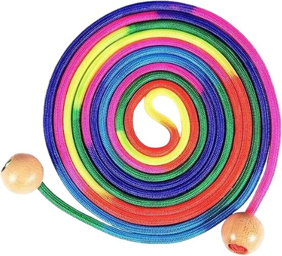 longziming-Springtouw - Lang springtouw - Groepstouw - 1 stuk - Verstelbaar 2,5-5 meter - Houten handvatten - Katoenen touw - Regenboogkleuren - Voor kinderen, school, gym en groepsactiviteiten - Binnen en buiten