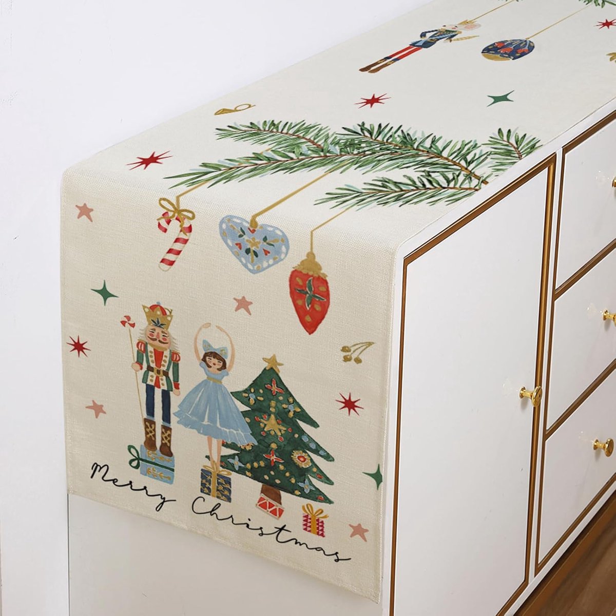 Kerst tafelloper 30 x 183 cm met notenkraker en geschenkdoos ontwerp