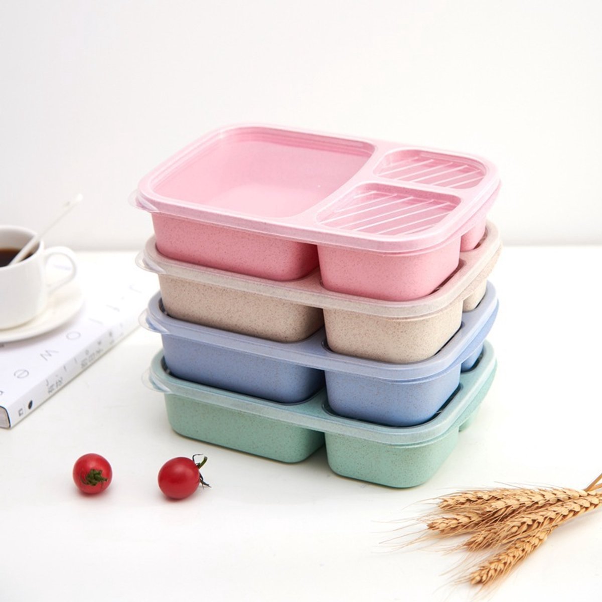 4 lunchboxen Geschikt voor deksels en plastic vakjes - beige + blauw + roze + groen