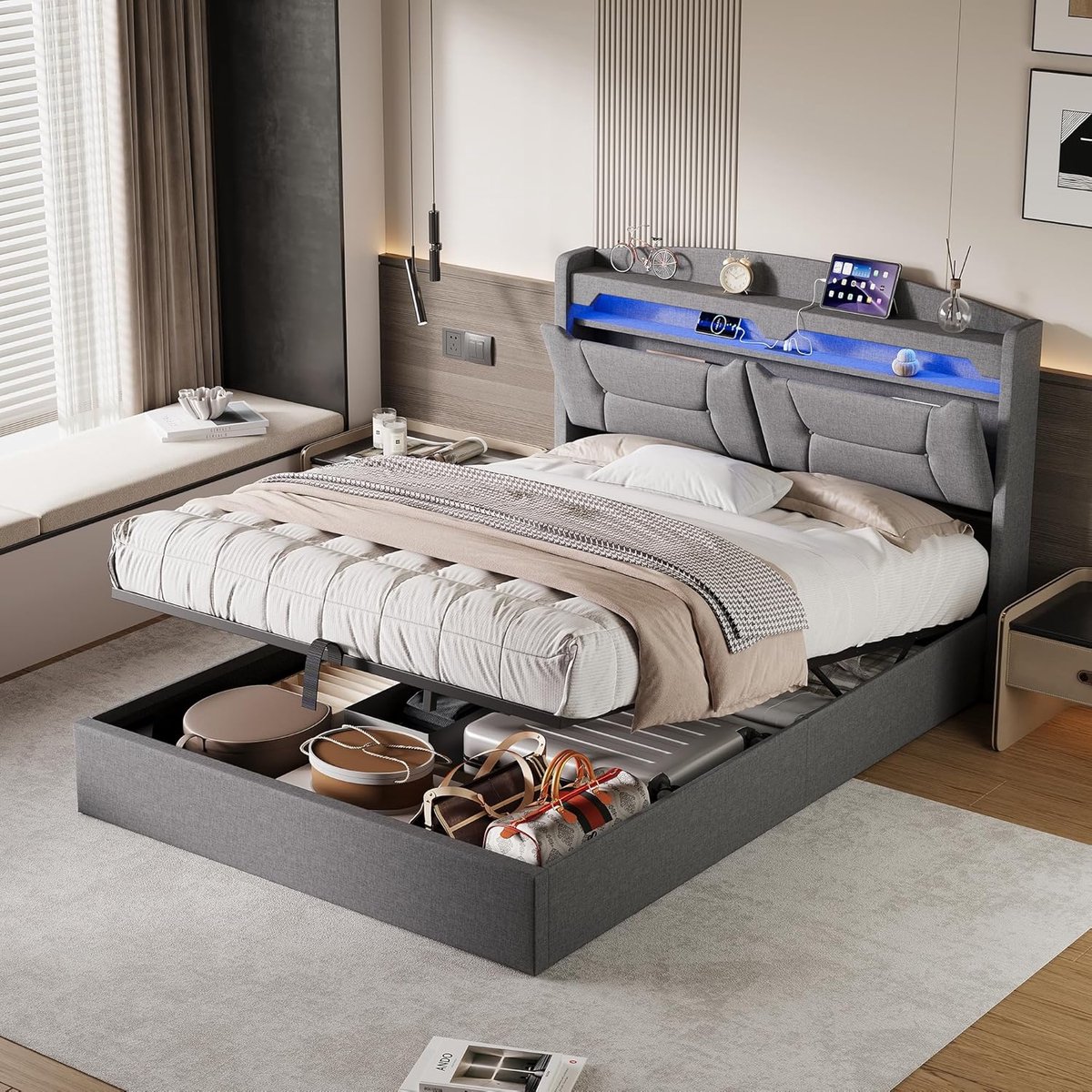 Tweepersoonsbed 140x200 met Opbergruimte, Hydraulische Lift en LED Hoofdeinde met USB-C