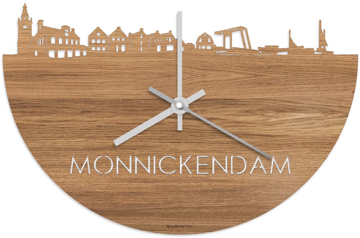 Skyline Klok Monnickendam Eikenhout - Ø 40 cm - Stil uurwerk - Wanddecoratie - Meer steden beschikbaar - Woonkamer idee - Woondecoratie - City Art - Steden kunst - Cadeau voor hem - Cadeau voor haar - Jubileum - Trouwerij - Housewarming -