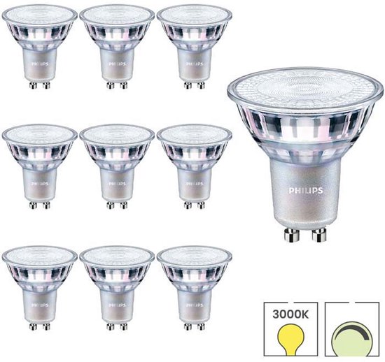10 Philips GU10 LED lampen met 3000K warmwit licht.