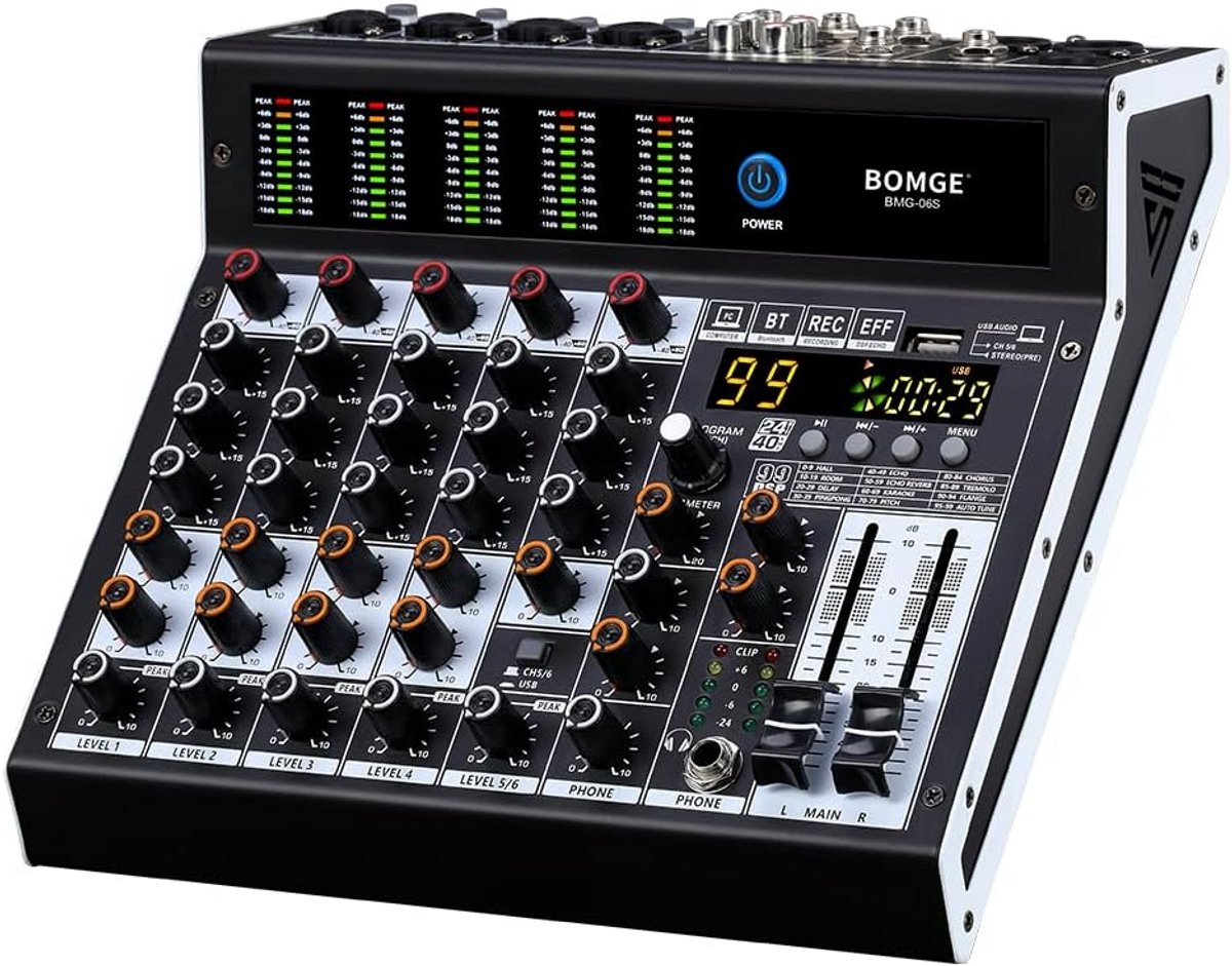 Professionele 6-kanaals audiomixer met DSP-effecten, Bluetooth en USB-interface voor studio- en live-opnamen