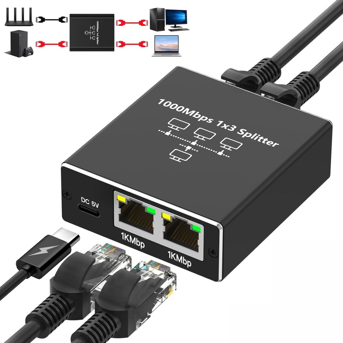 Ethernet Splitter 1 naar 3 - 1000 Mbps LAN Switch met 3 Poorten en Type-C Netsnoer