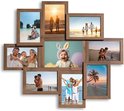 Houten fotolijst met negen vakken voor foto's van familie op het strand, een baby met konijnenoren en een zonsondergang.
