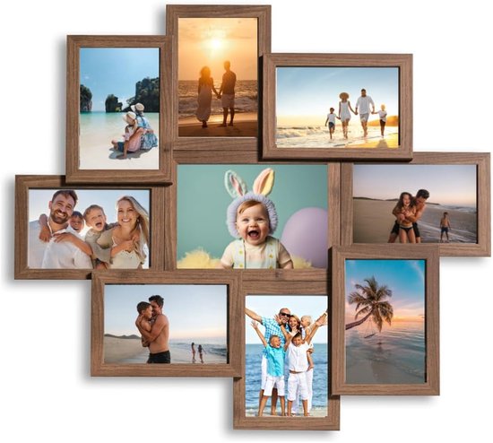 Houten fotolijst met negen vakken voor foto's van familie op het strand, een baby met konijnenoren en een zonsondergang.