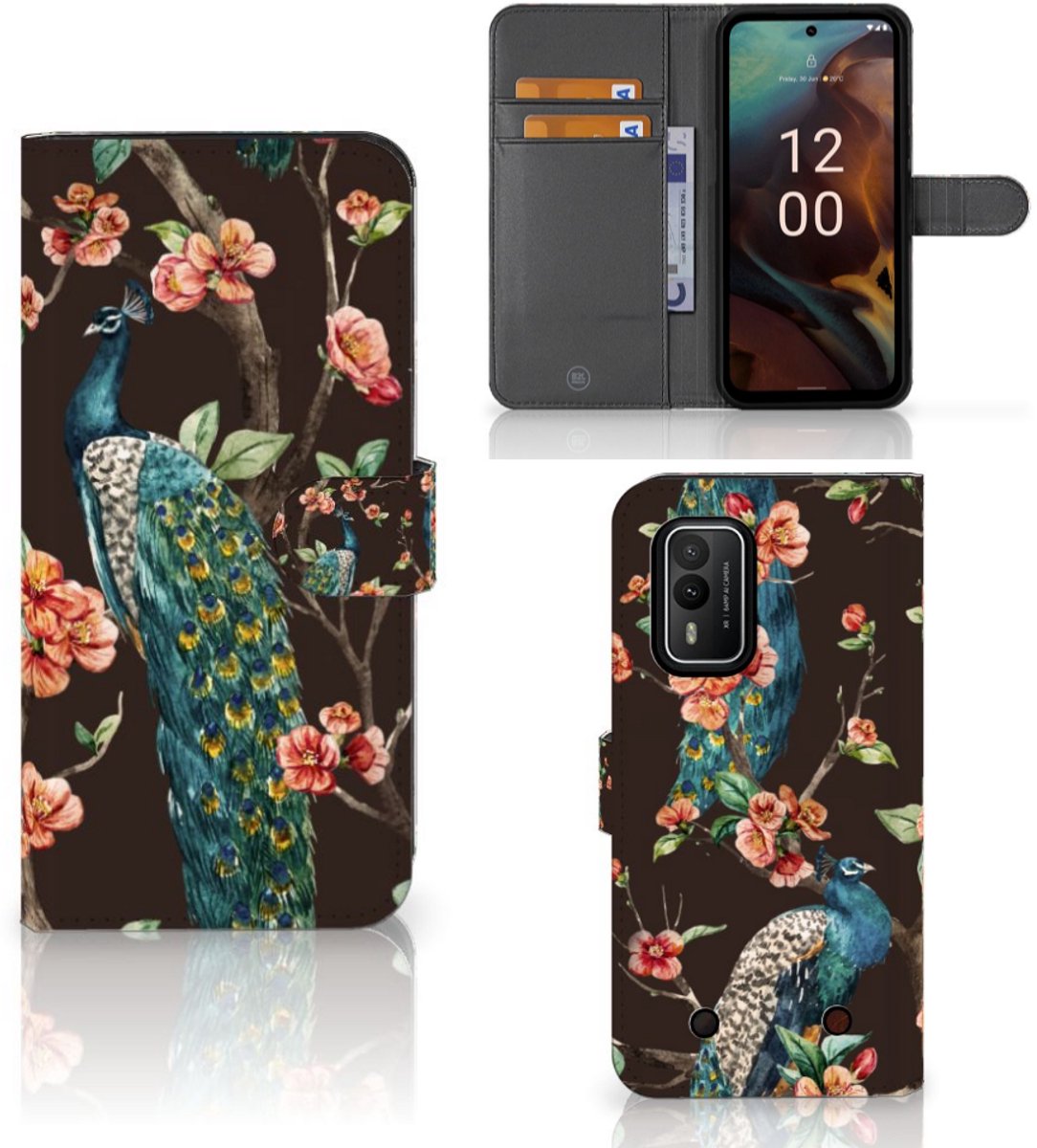 Nokia XR21 Telefoonhoesje met Pasjes Pauw met Bloemen