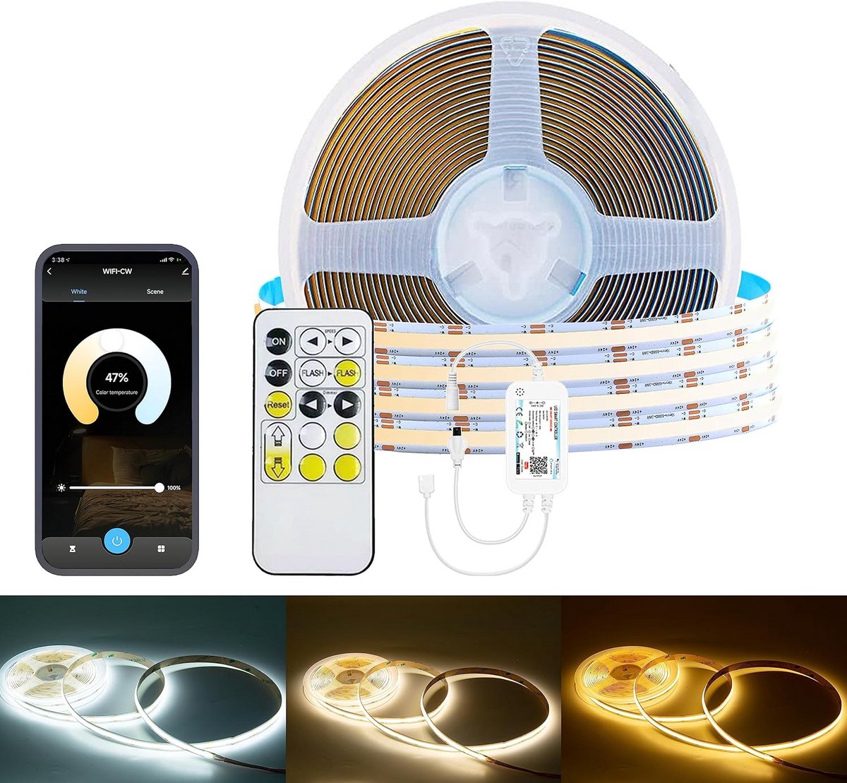 Dimbare WIFI LED Strip 5 Meter - Instelbare Witte Lichtkleur 2700K tot 6500K, 640 LEDs/m, App-Controle en Compatibel met Alexa en Google Home
