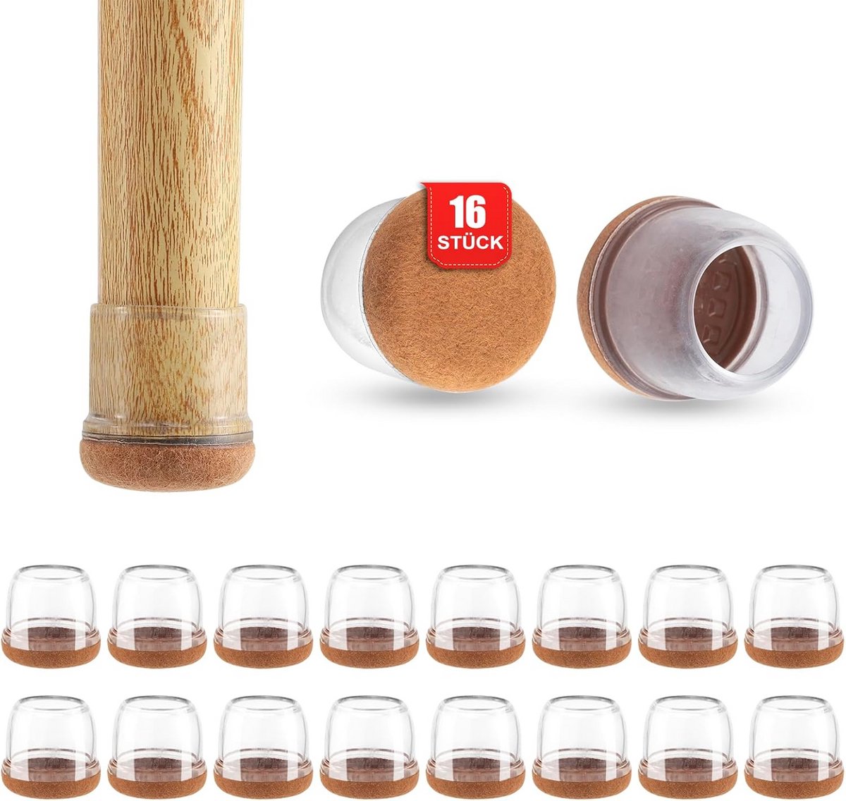Beschermdoppen voor Stoelpoten - 16 Stuks Rond met Vilt - Vloerbeschermers voor Hardhouten Vloeren - Diameter 25-37 mm
