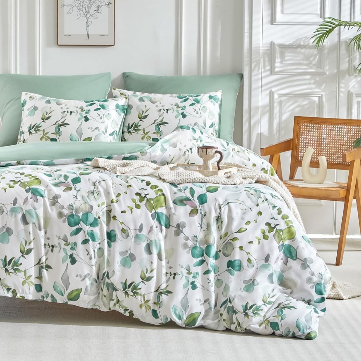 Dekbedovertrek 140x200cm met Kussensloop 65x65cm - Delicate Lentebladeren - 100% Microveze