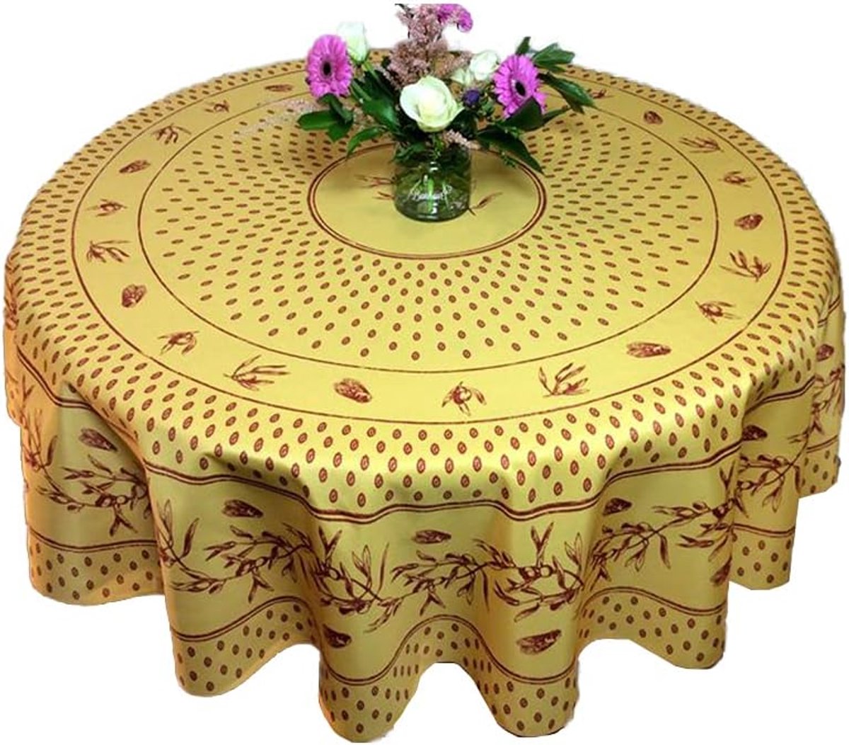 Rond Vuilafstotend Tafelkleed 180 cm - Provençaalse Print in Olijfgeel en Rood