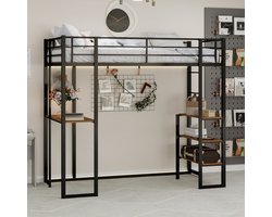 MIVRAY Metalen Hoogslaper Met Bureau - Bed Met L Vormige Tafel En Opbergruimte - Met Veiligheidshek En Ladder Links Rechts - IJzer - Zwart