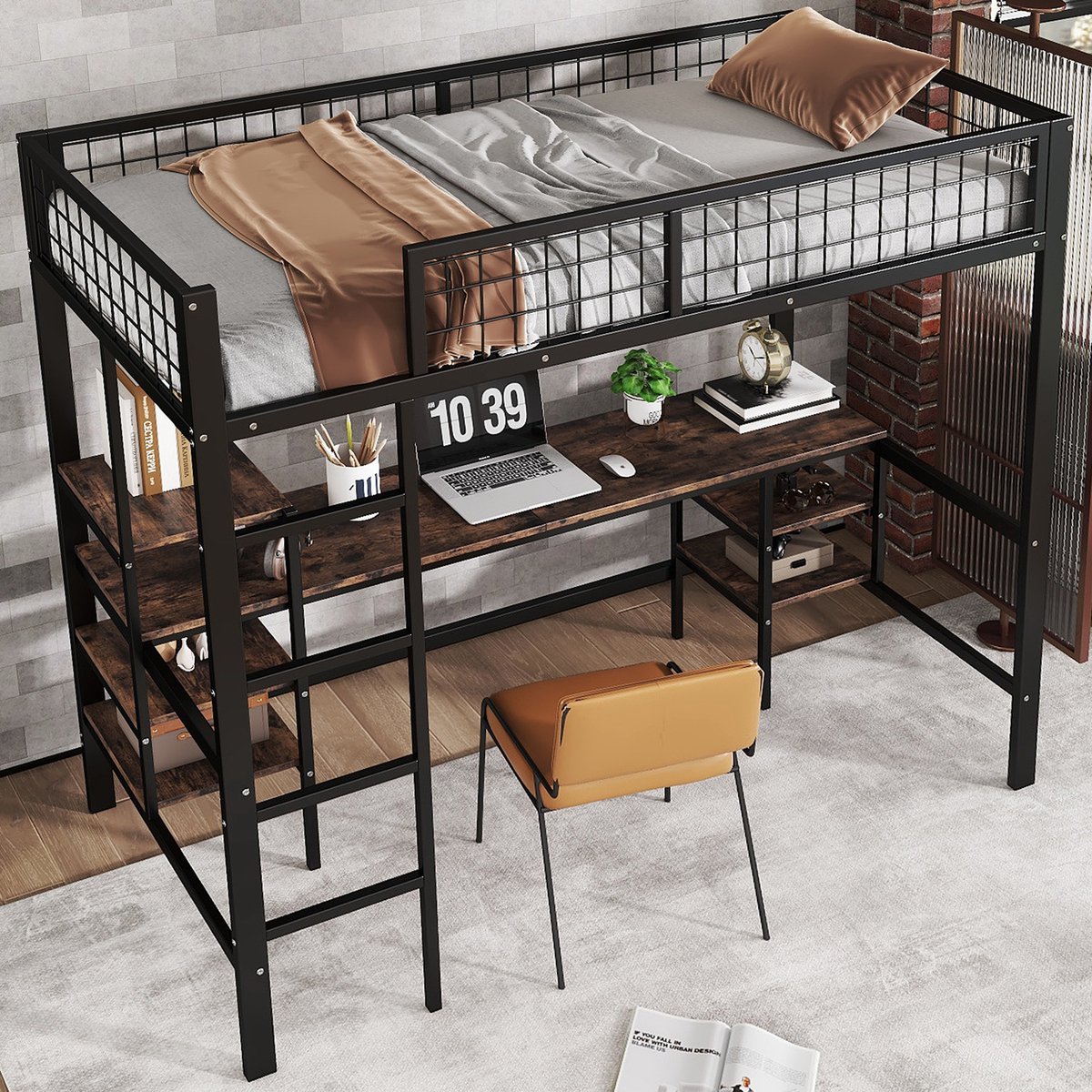 MIVRAY Stapelbed 90x200 cm - Met Bureau En Opbergrekken - Met Viertraps Ladder En Veiligheidshekken - Zonder Matras - Metaal En Hout - Zwart