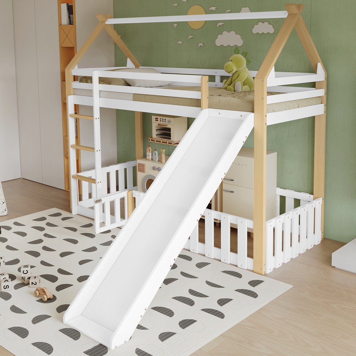 HAUSS SPOLE Kinderbed 90x200 cm - Met Glijbaan En Dakvorm - Zonder Matras - Speelruimte Met Hek - Hout En MDF - Wit Naturel