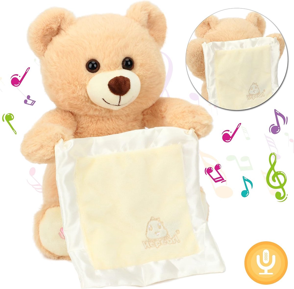 Hopearl Peek A Boo Bear Met Knuffeldoekje Interactief Herhaalt Wat Je Zegt Pluche Teddybeer Speelgoed Muzikaal Zingend Pratend Knuffeldier Schattig Elektrisch Animatiefiguur Verjaardag Festival, 28 cm