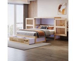Wishdor Opklapbed – 140x200 cm – Murphy Bed Met Opberglades En Rotanlook Front – Ruimtebesparend voor Studio – Naturel Hout