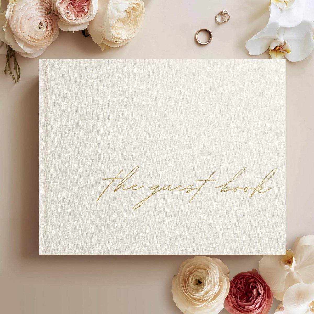 Bruiloftsgastenboek - gastenboek voor bruiloftsreceptie met linnen hardcover en goudfolie reliëf - ongevoerd pagina's zonder afloop - perfect aandenken voor aanmelding en polaroids - ivoor