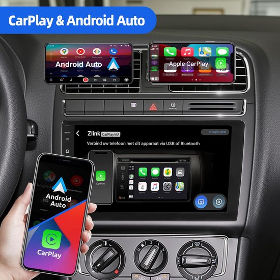 ESSGOO autoradio met CarPlay & Android Auto, toont een smartphone met CarPlay en een autoradio-interface met Android Auto.