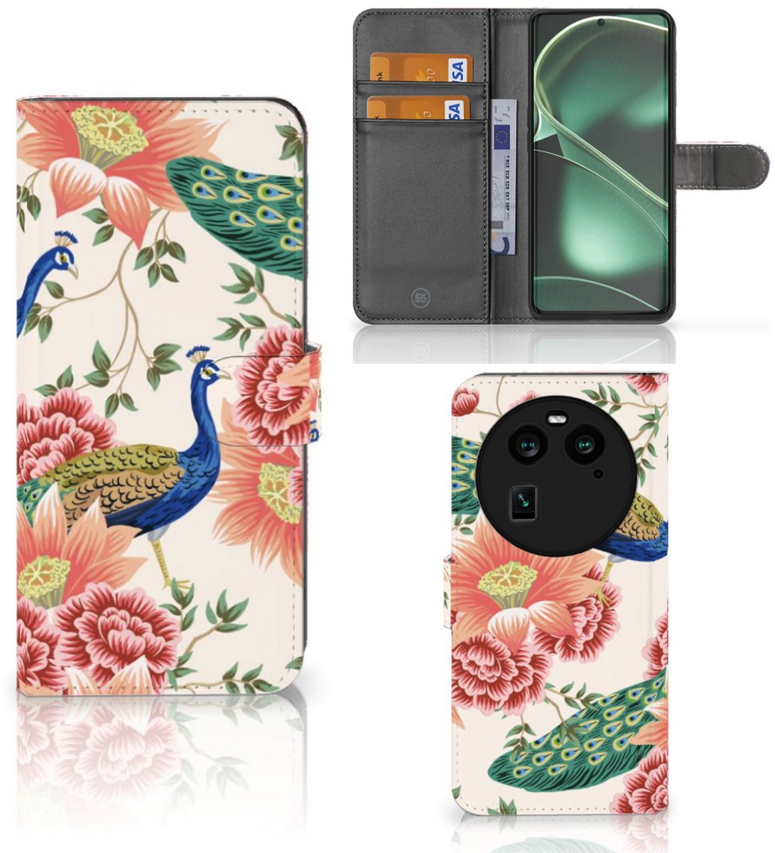 Telefoonhoesje met Pasjes voor OPPO Find X6 Pink Peacock