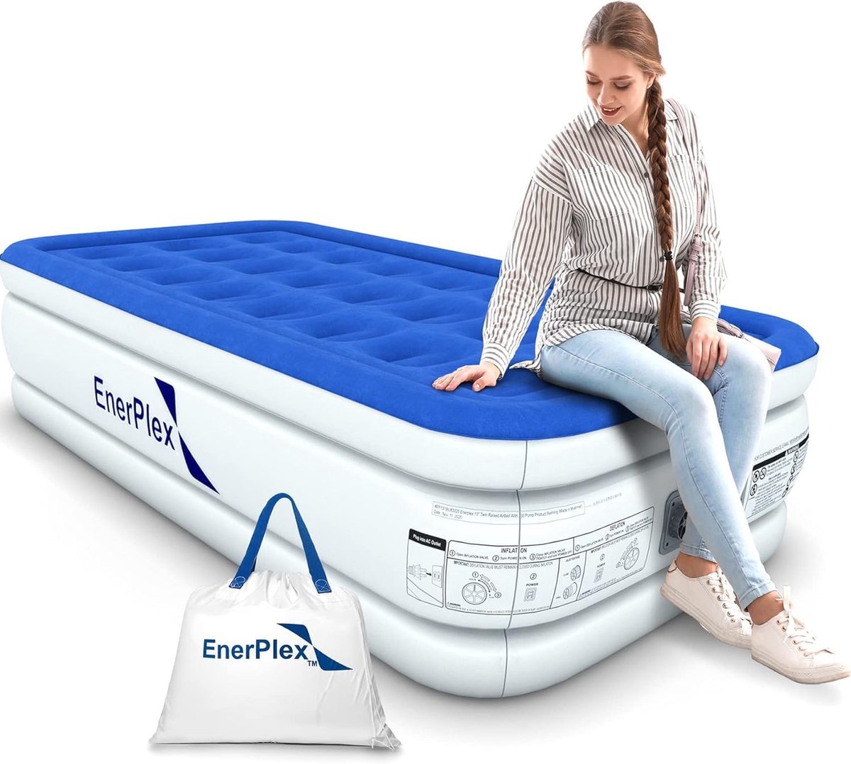 Verhoogd Luxe Twin Luchtmatras met Ingebouwde Pomp - Dubbel Hoog Opblasz bed
