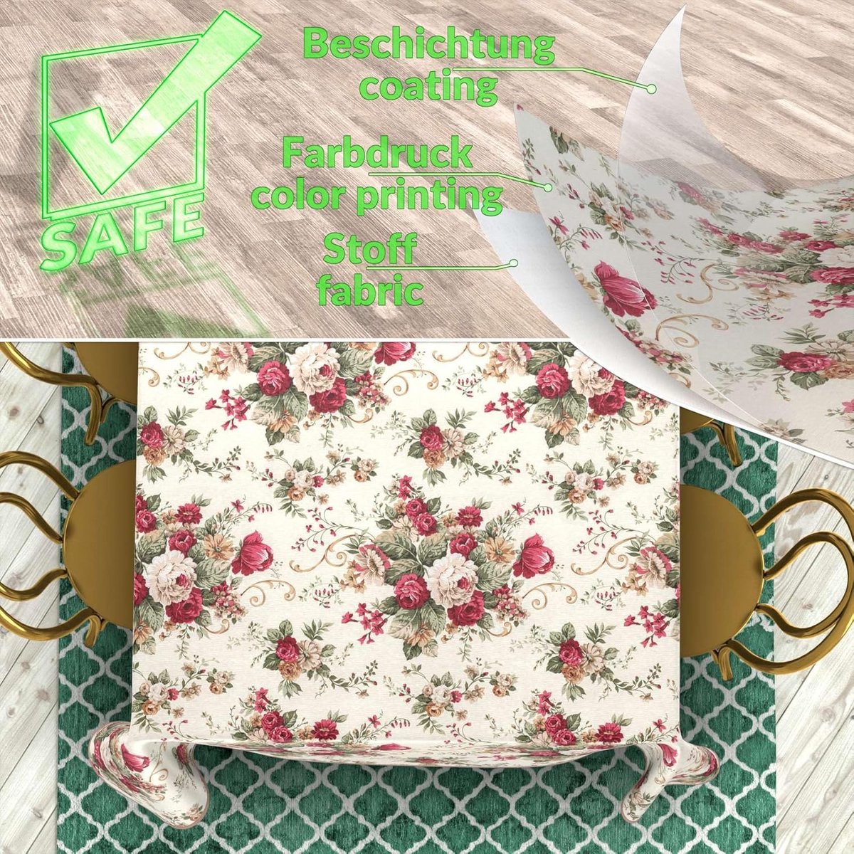 Afwasbaar Tafelkleed Katoen Polyester Binnen en Buiten met Rozenprint 160x120 cm