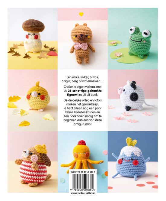 Boekcover met gehaakte amigurumi dieren. Zachtoranje achtergrond met gekleurde confetti.