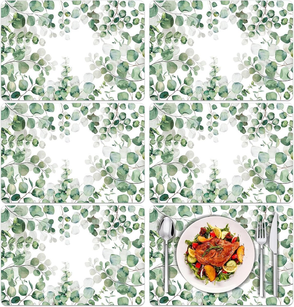 Set van 6 Placemats met Groene Eucalyptus Bladeren - Hittebestendig en Antislip