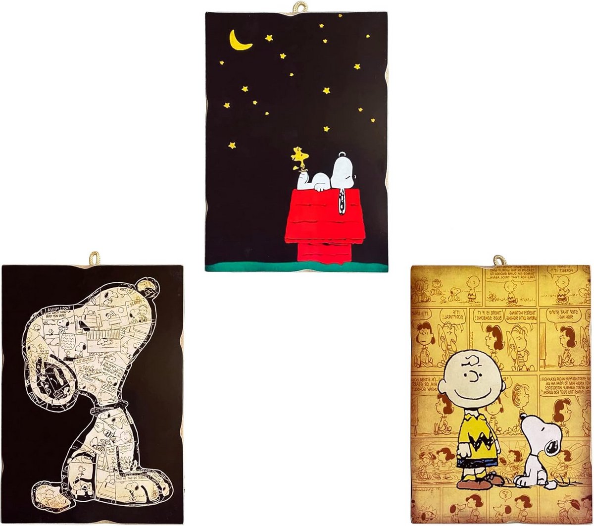 Set van 3 Houten Wanddecoratie Vierkanten Vintage Cartoon Stijl 25x18 cm