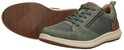 Groene sneaker met rits, mesh, bruine hiel en losse zool.
