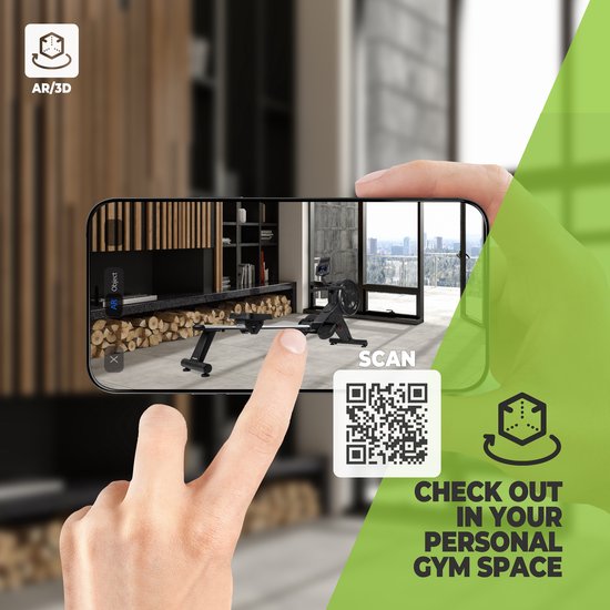 Smartphone toont een roeimachine in een woonkamer via AR/3D, met de tekst 'SCAN' en 'CHECK OUT IN YOUR PERSONAL GYM SPACE'.
