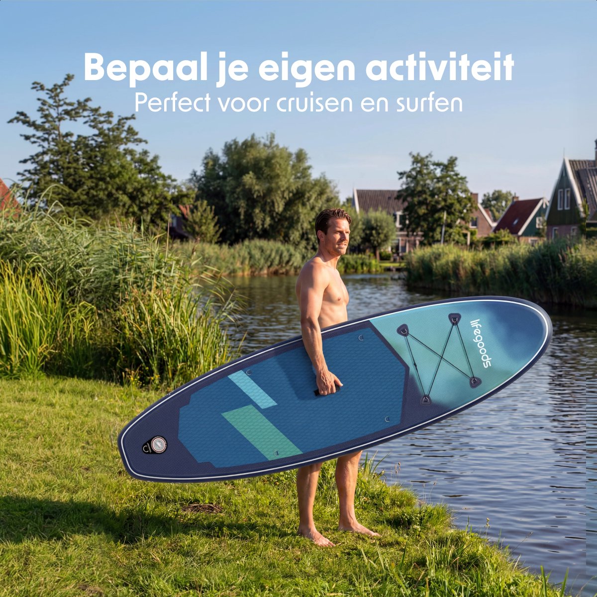 LifeGoods SUP Board Allround Compact - met Zitje - 120 KG Draagkracht - 300 x 76 cm - Opblaasbaar - Compleet SUP pakket - Blauw/Groen – foto 3