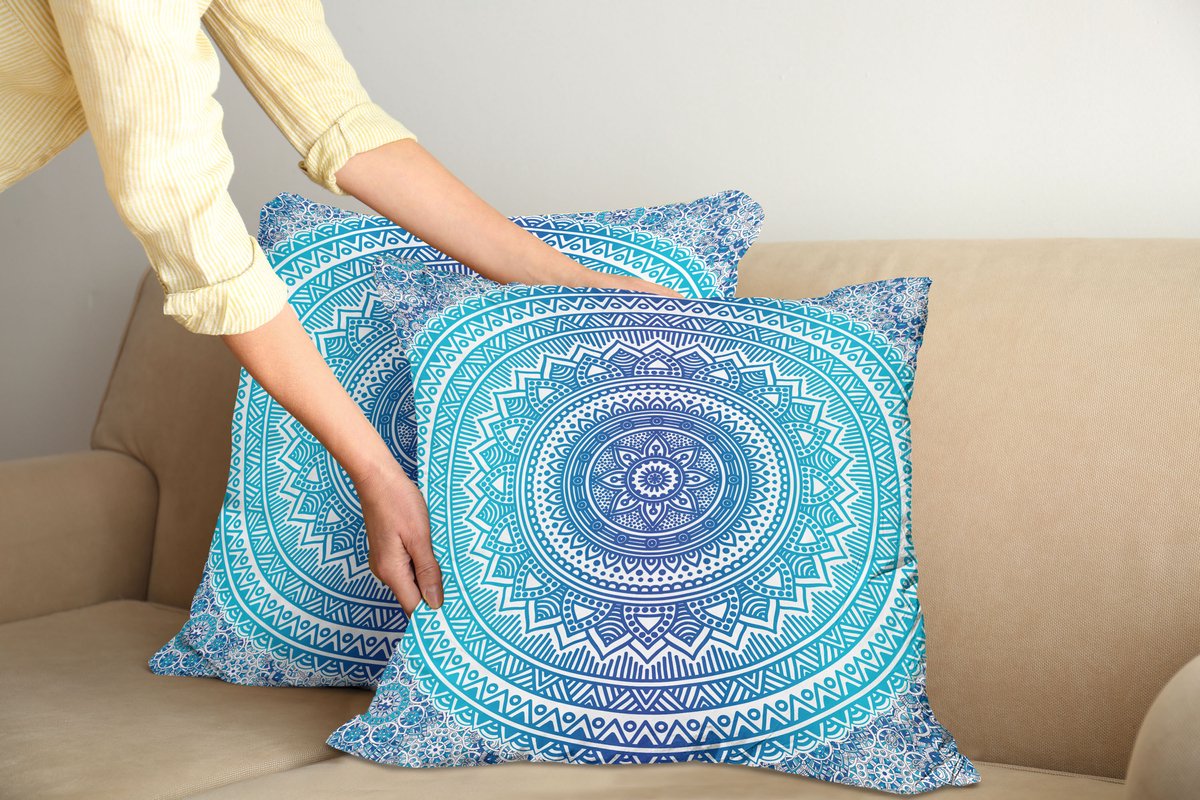 ABAKUHAUS Etnische kussensloopset (2 stuks), meditatiethema, 50 cm, lichtblauw