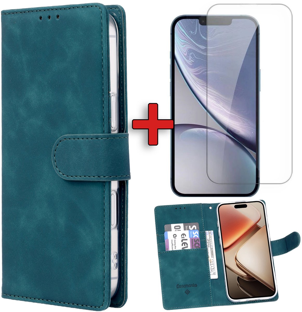 Casemania Hoesje & Glas Geschikt voor Apple iPhone 17e - Groen - Kunstleer Portemonnee Book Case - Glazen Screenprotector